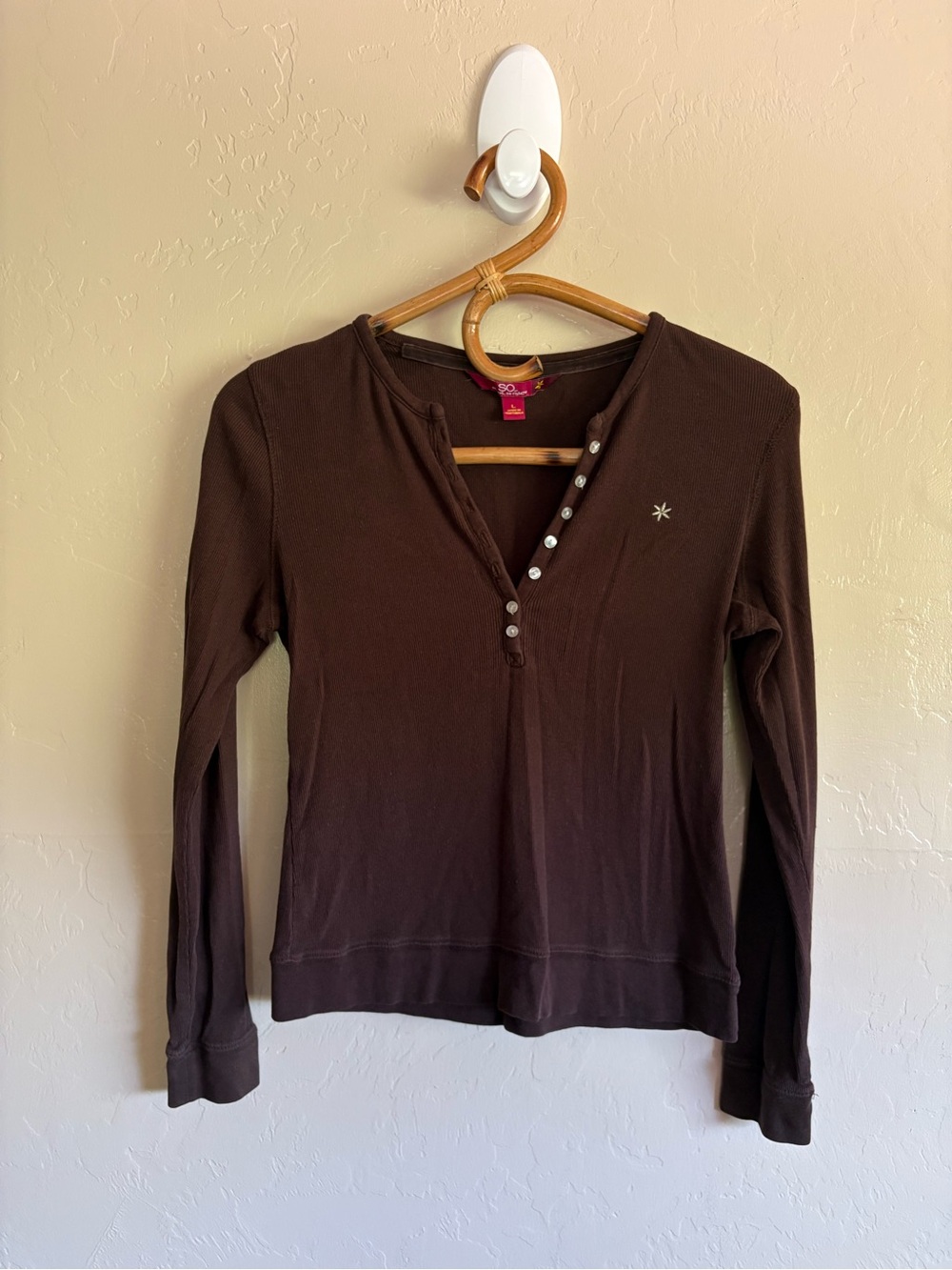 2000s So 100% Cotton Long Sleeve Brown Button Down Henley Shirt Y2K Size Large